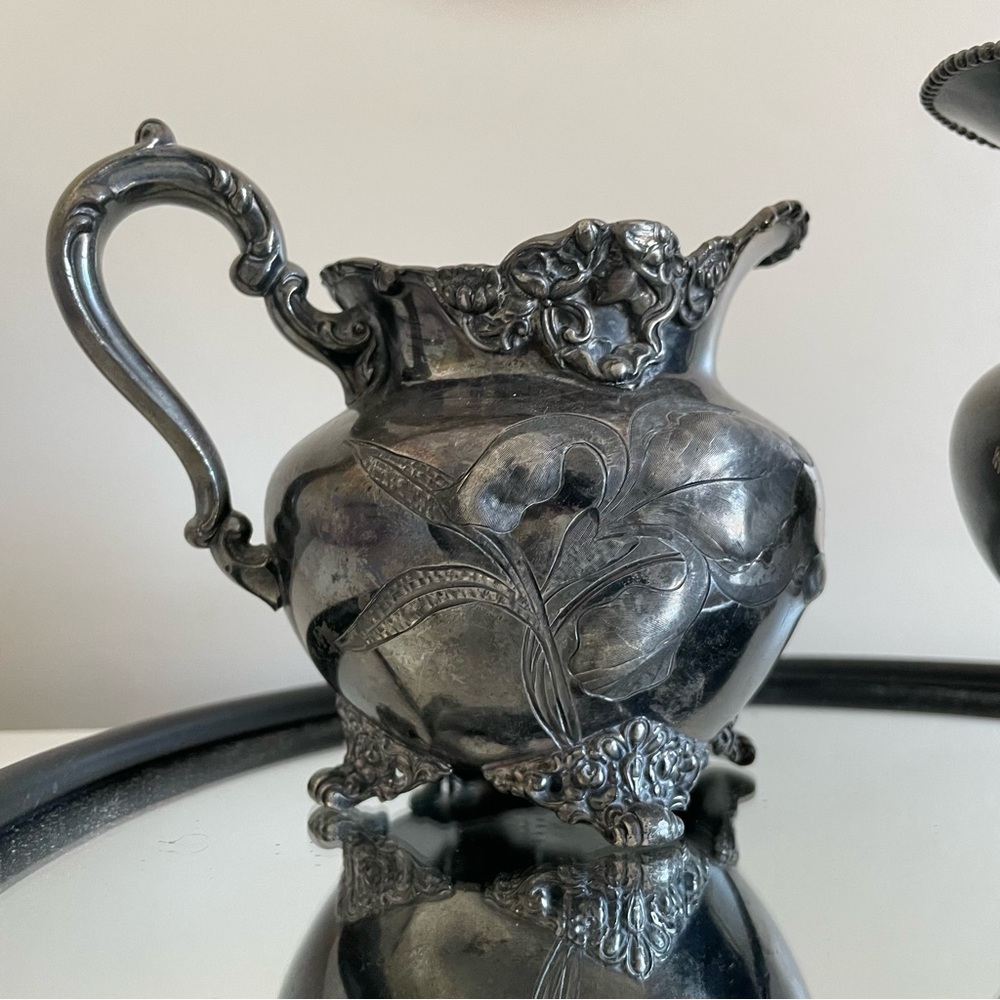 Antique 1800s ornate floral Victorian quadruple plated silver creamer pitcher